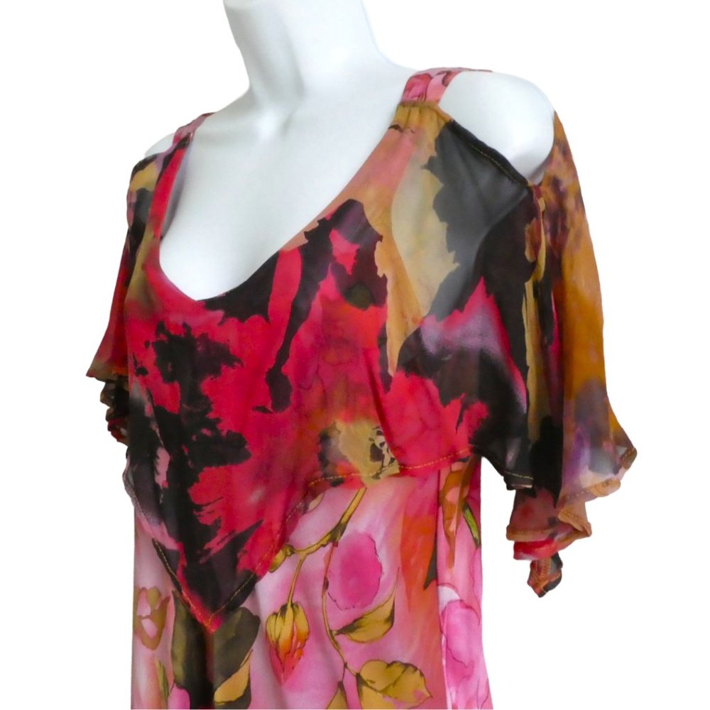 SiLK URU Maxi Dress Bias Cut Hand Made OOAK Watercolors Mixed Media L